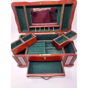 Wood Jewelry Box Classic Lines Mahogany Finish Green Velvet Lining 13" x 7" x 7"